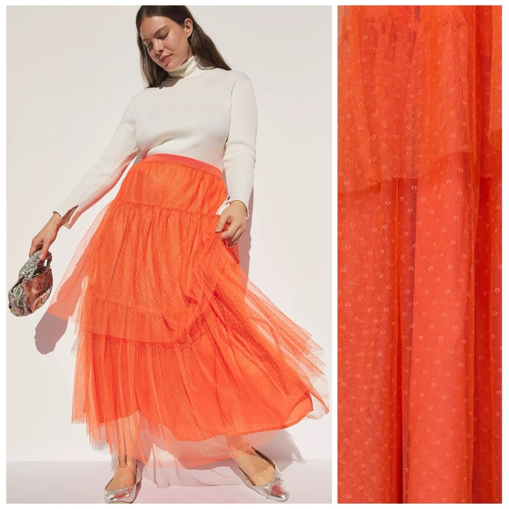 ANTHROPOLOGIE NWT 1X Evelyn Tulle Dot Tiered Midi Skirt • Orange Soda Clementine